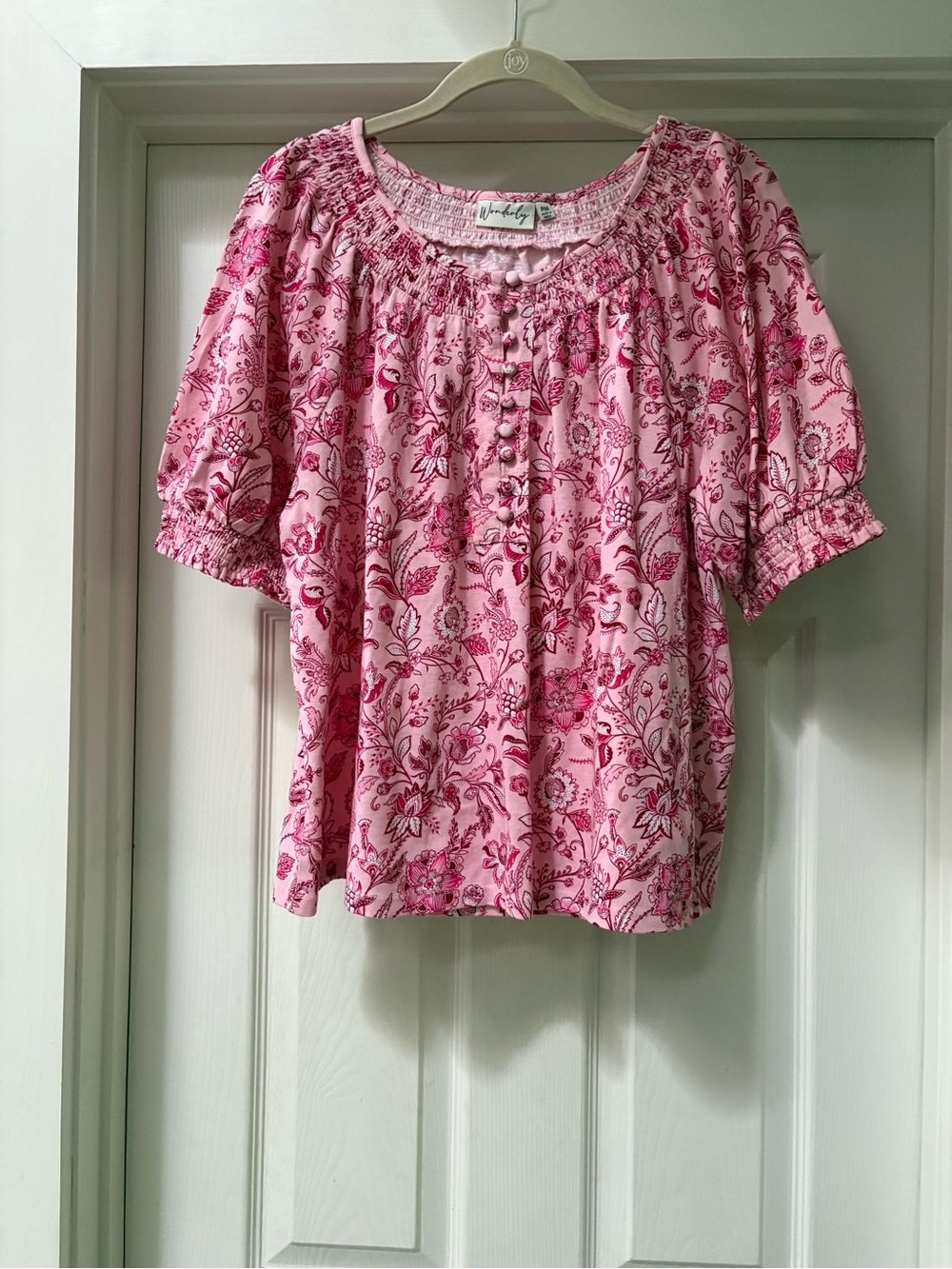 Wonderly Pink Floral Smocked-Neck Button Blouse